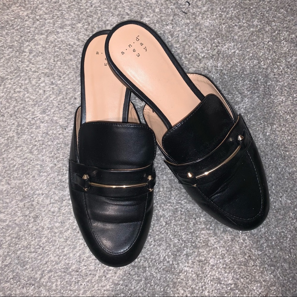 Black Mules with Gold Bar